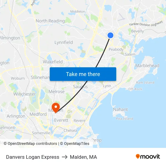 Danvers Logan Express to Malden, MA map