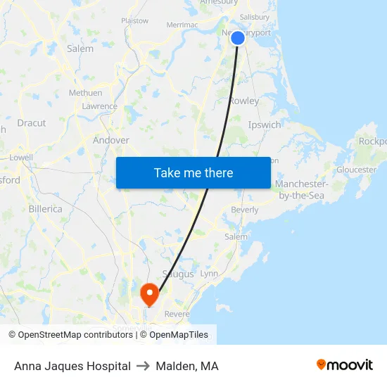 Anna Jaques Hospital to Malden, MA map