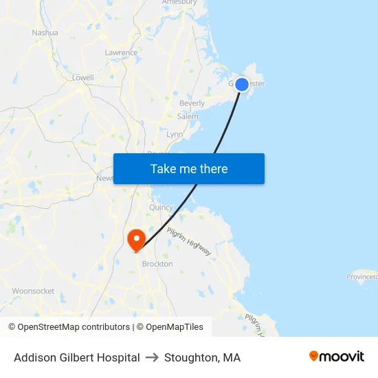 Addison Gilbert Hospital to Stoughton, MA map