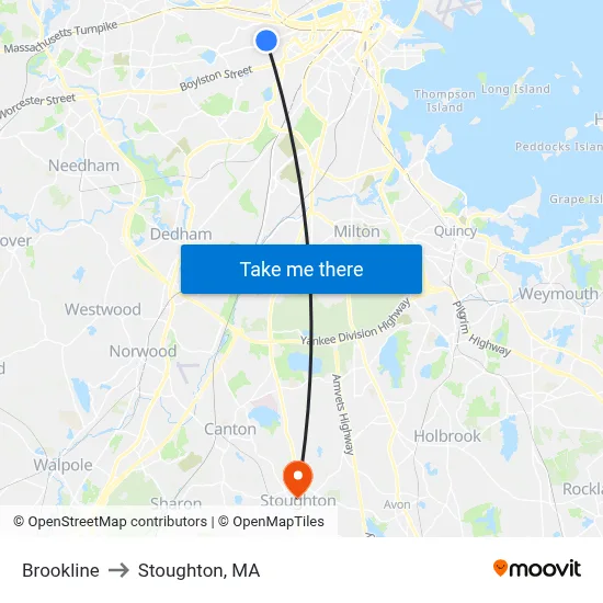 Brookline to Stoughton, MA map