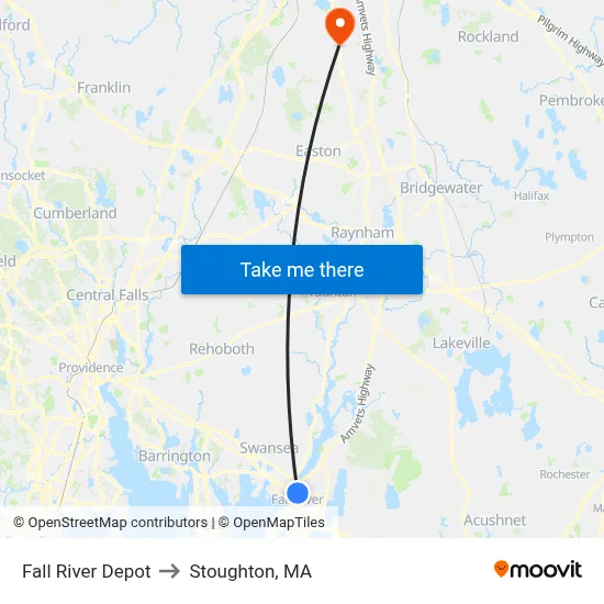 Fall River Depot to Stoughton, MA map