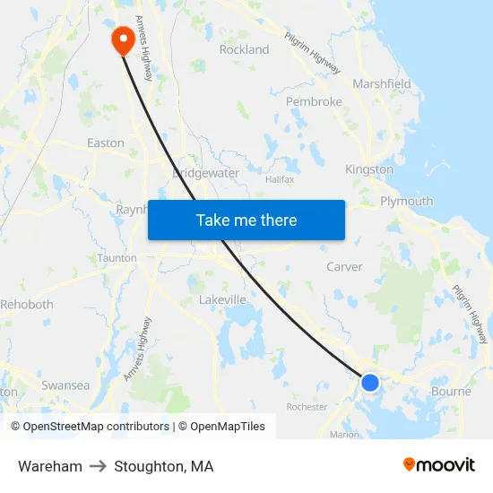 Wareham to Stoughton, MA map