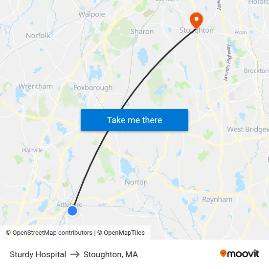 Sturdy Hospital to Stoughton, MA map