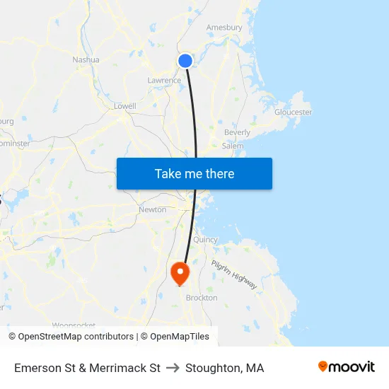 Emerson St & Merrimack St to Stoughton, MA map