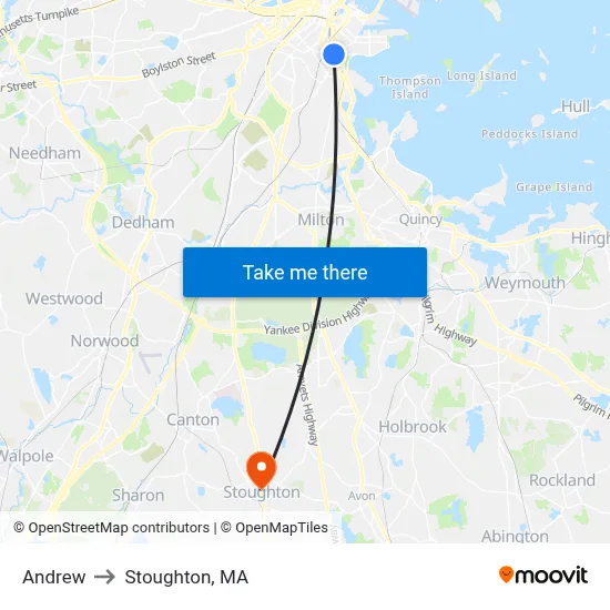 Andrew to Stoughton, MA map