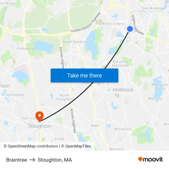 Braintree to Stoughton, MA map