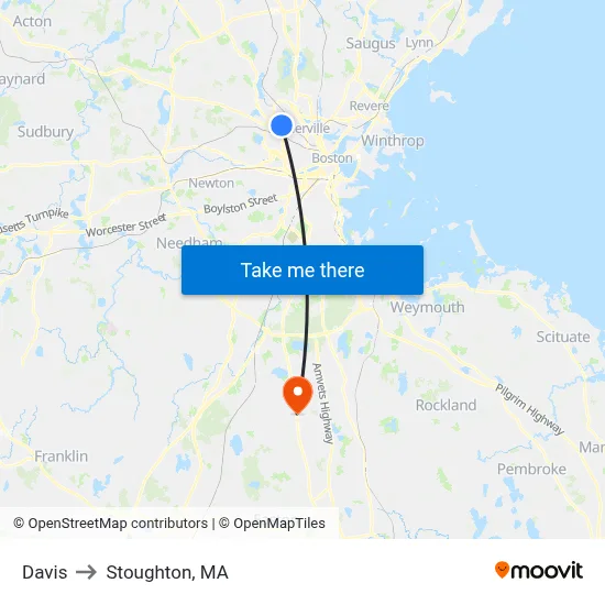 Davis to Stoughton, MA map
