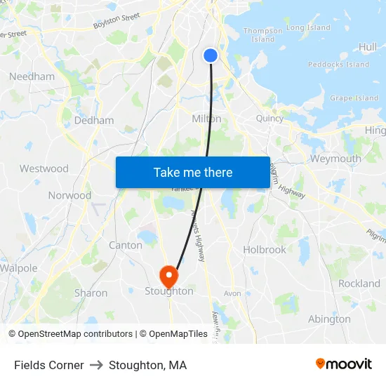 Fields Corner to Stoughton, MA map