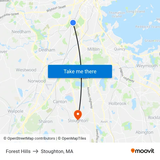 Forest Hills to Stoughton, MA map