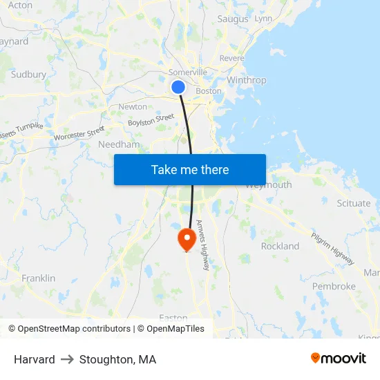 Harvard to Stoughton, MA map