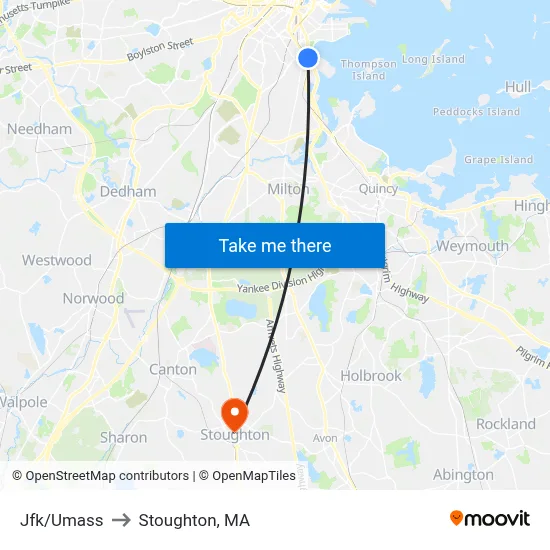 Jfk/Umass to Stoughton, MA map