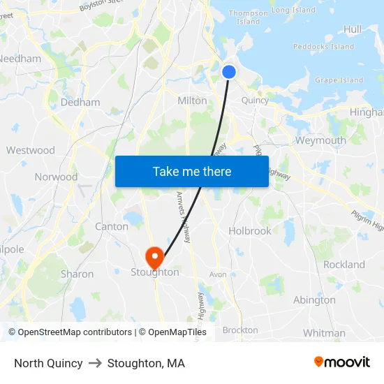 North Quincy to Stoughton, MA map