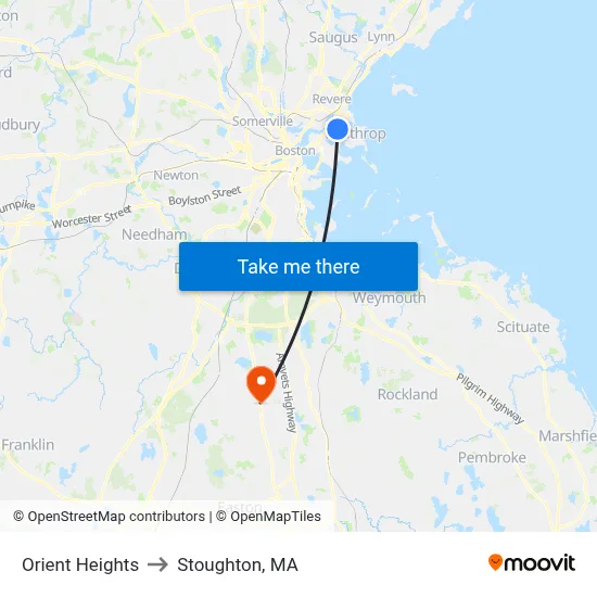 Orient Heights to Stoughton, MA map