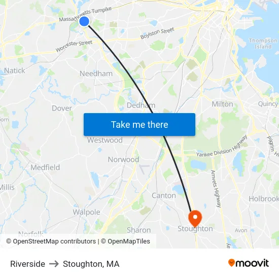 Riverside to Stoughton, MA map