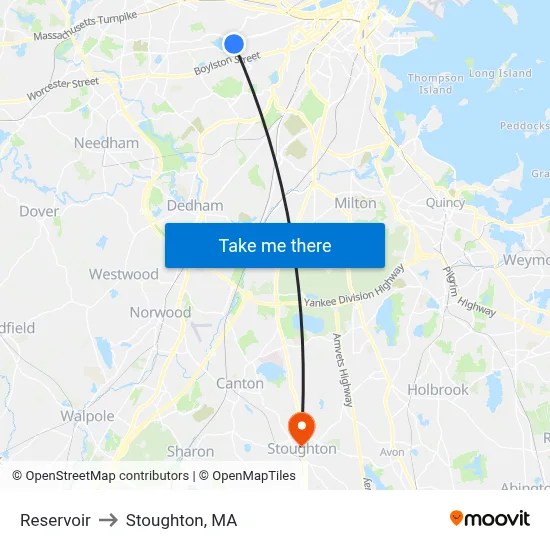 Reservoir to Stoughton, MA map
