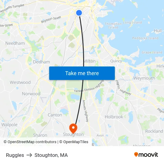 Ruggles to Stoughton, MA map