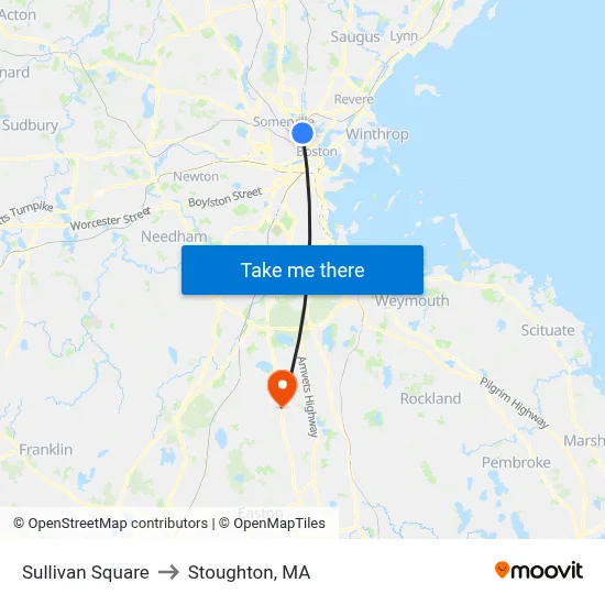 Sullivan Square to Stoughton, MA map