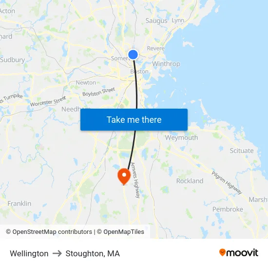 Wellington to Stoughton, MA map