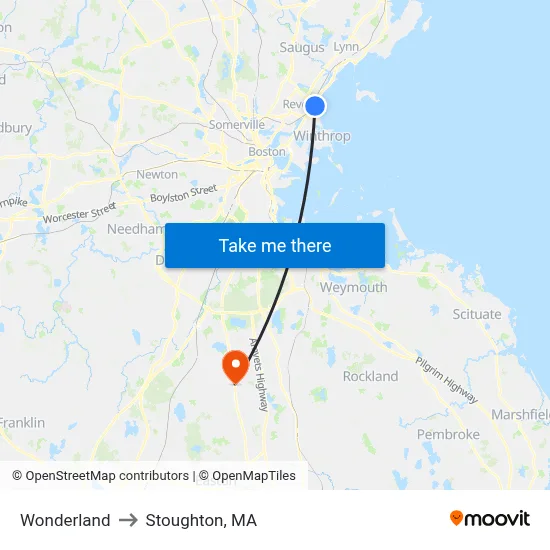 Wonderland to Stoughton, MA map