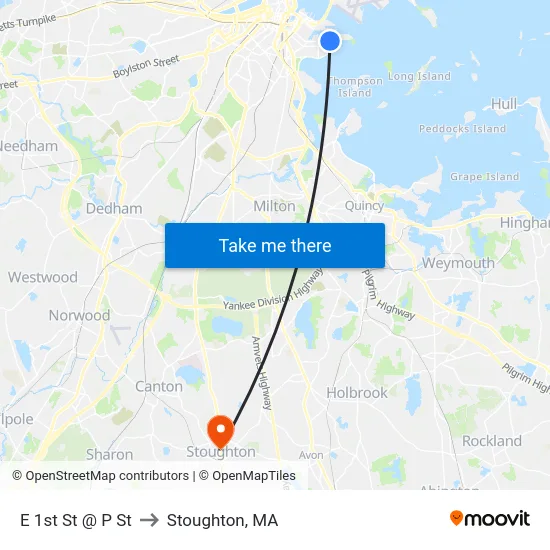 E 1st St @ P St to Stoughton, MA map