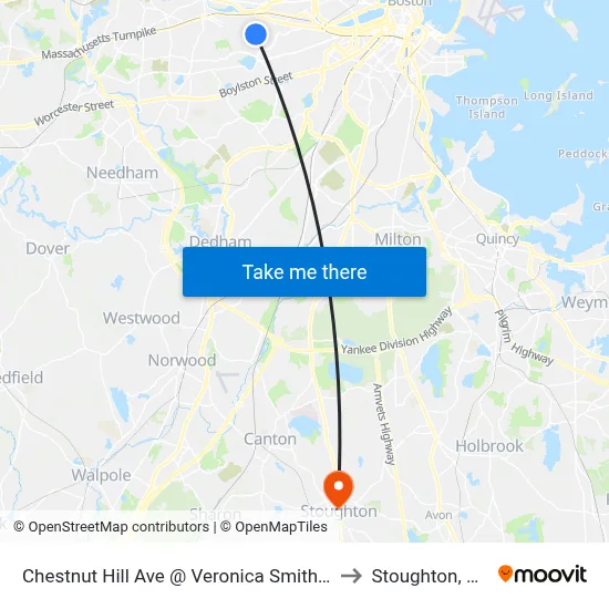 Chestnut Hill Ave @ Veronica Smith Ctr to Stoughton, MA map