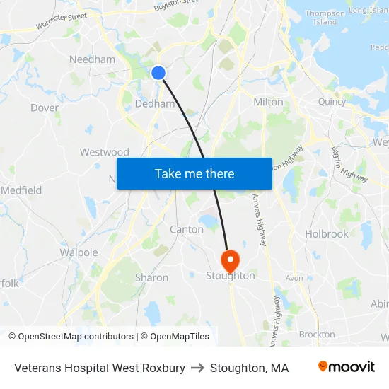 Veterans Hospital West Roxbury to Stoughton, MA map