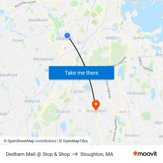 Dedham Mall @ Stop & Shop to Stoughton, MA map