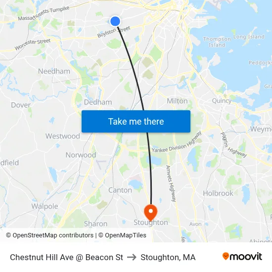 Chestnut Hill Ave @ Beacon St to Stoughton, MA map