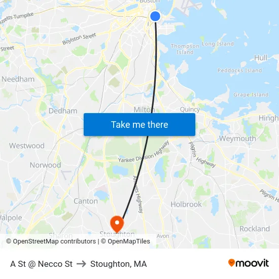 A St @ Necco St to Stoughton, MA map