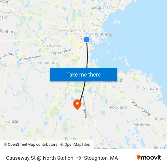 Causeway St @ North Station to Stoughton, MA map
