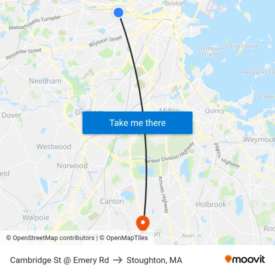 Cambridge St @ Emery Rd to Stoughton, MA map