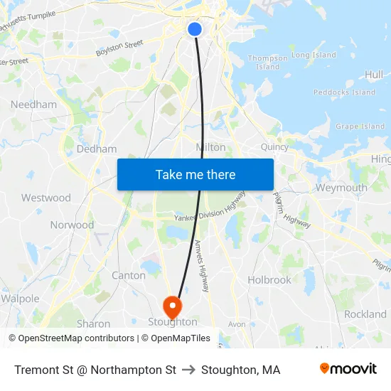 Tremont St @ Northampton St to Stoughton, MA map