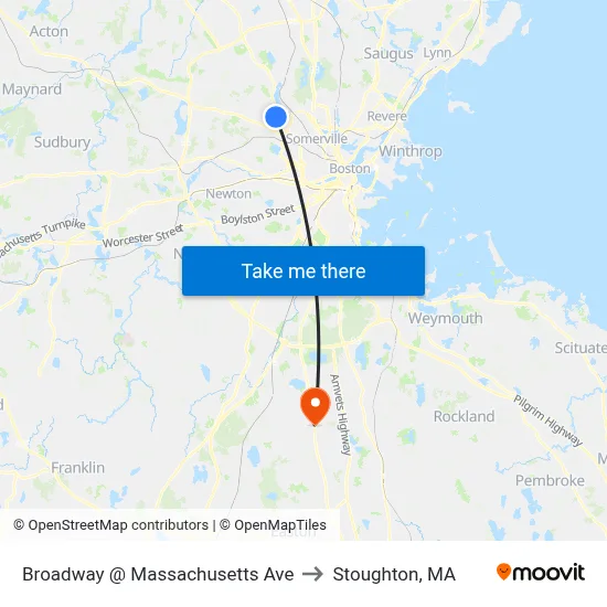 Broadway @ Massachusetts Ave to Stoughton, MA map