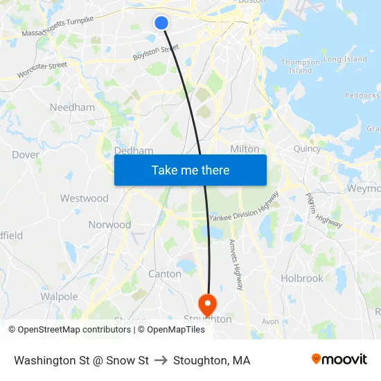 Washington St @ Snow St to Stoughton, MA map