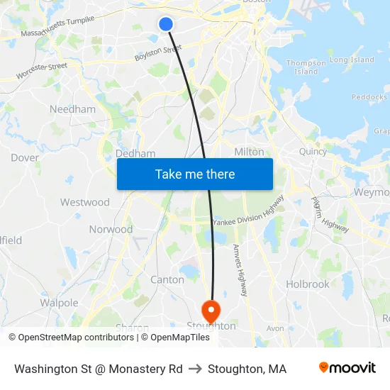 Washington St @ Monastery Rd to Stoughton, MA map