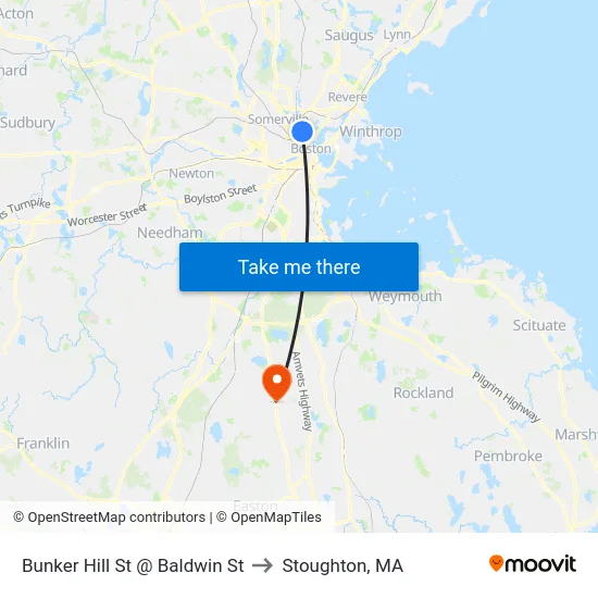 Bunker Hill St @ Baldwin St to Stoughton, MA map