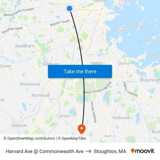 Harvard Ave @ Commonwealth Ave to Stoughton, MA map