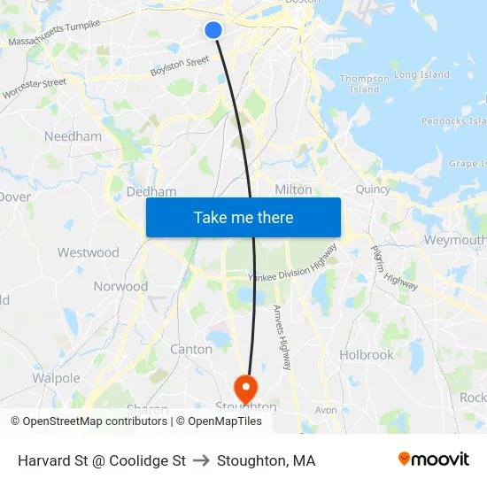 Harvard St @ Coolidge St to Stoughton, MA map