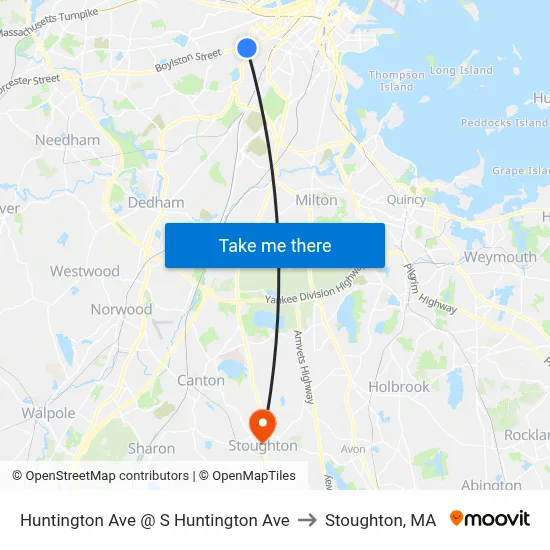 Huntington Ave @ S Huntington Ave to Stoughton, MA map