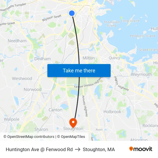 Huntington Ave @ Fenwood Rd to Stoughton, MA map