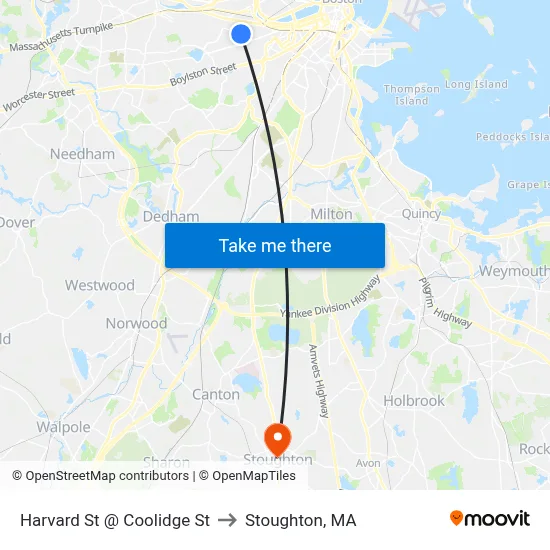 Harvard St @ Coolidge St to Stoughton, MA map