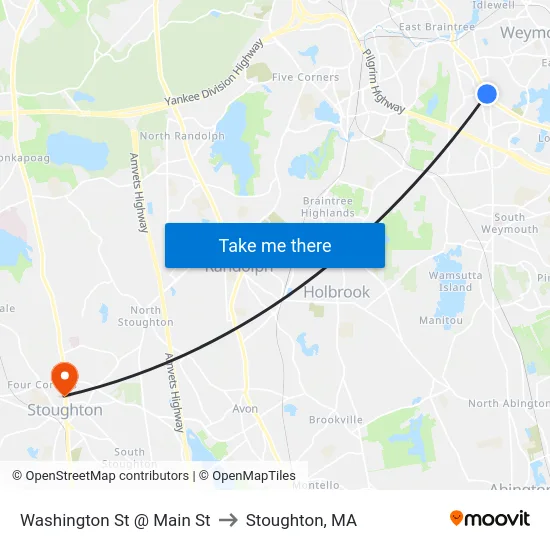 Washington St @ Main St to Stoughton, MA map