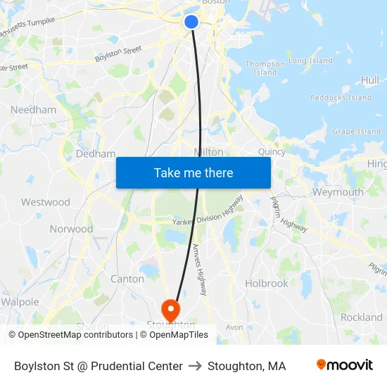 Boylston St @ Prudential Center to Stoughton, MA map