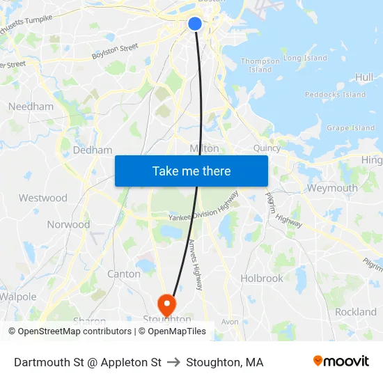 Dartmouth St @ Appleton St to Stoughton, MA map