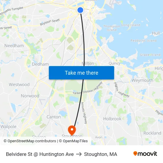 Belvidere St @ Huntington Ave to Stoughton, MA map