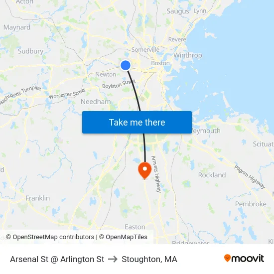 Arsenal St @ Arlington St to Stoughton, MA map