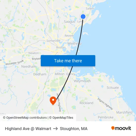 Highland Ave @ Walmart to Stoughton, MA map