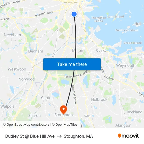 Dudley St @ Blue Hill Ave to Stoughton, MA map