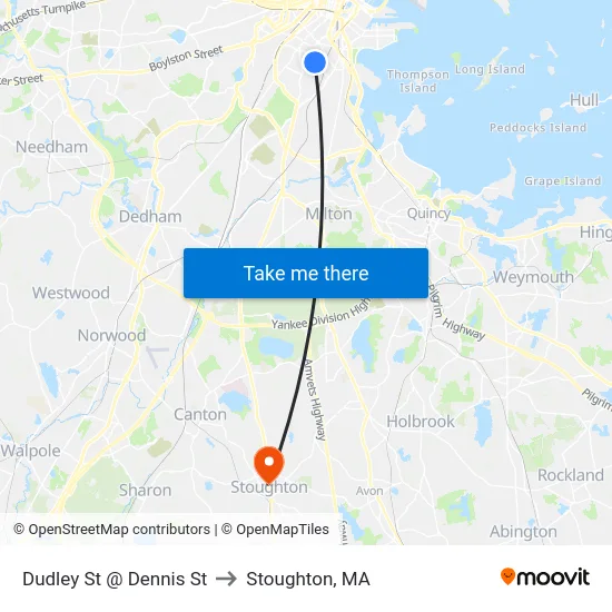 Dudley St @ Dennis St to Stoughton, MA map