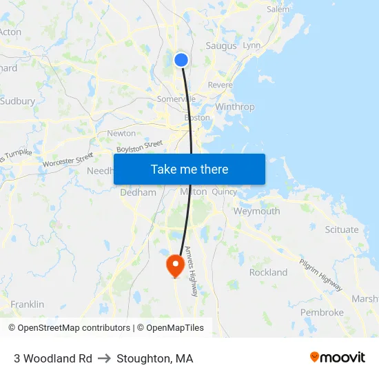 3 Woodland Rd to Stoughton, MA map